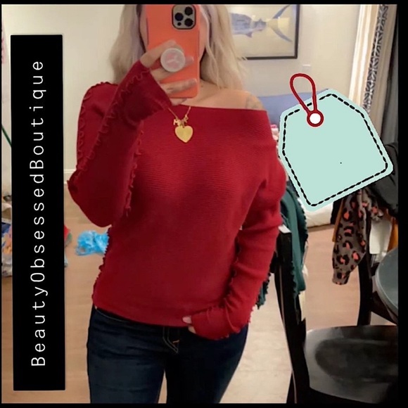 ☃️BOGO50%☃️🆕❤️ALLIE ROSE: RED Ribbed Back Button Down Frilly Arm Sweater SMALL - Picture 4 of 9